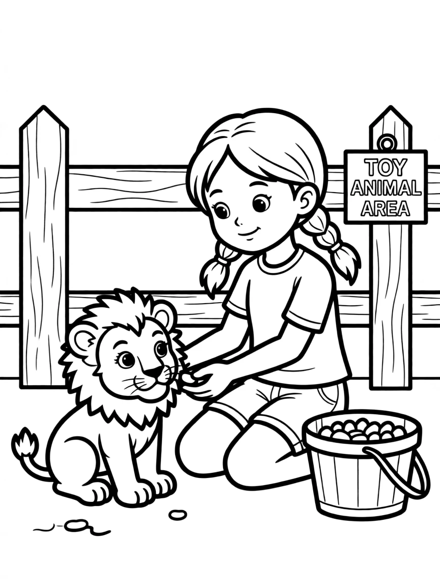 A girl pretending to be a zookeeper, feeding a toy animal.