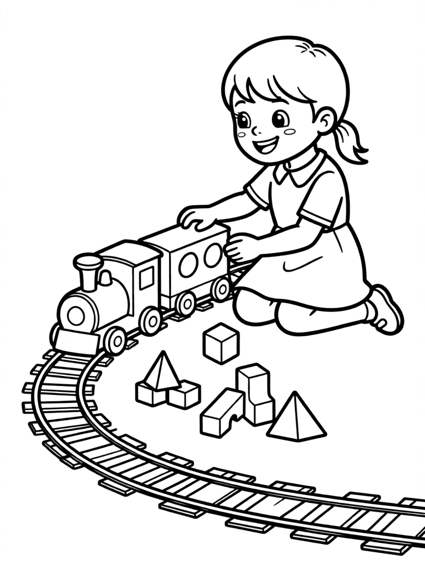 A girl playing with a toy train set, pushing the train along the tracks.