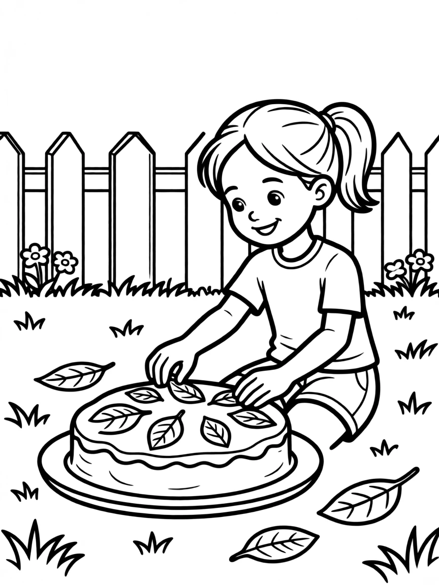 A girl making a "mud pie" in the backyard, decorating it with leaves.