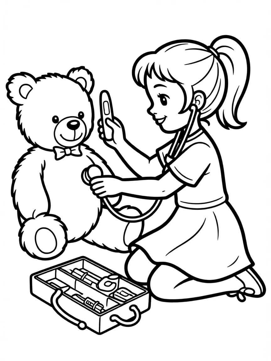 A girl playing with a toy doctor's kit, checking her teddy bear's heartbeat.