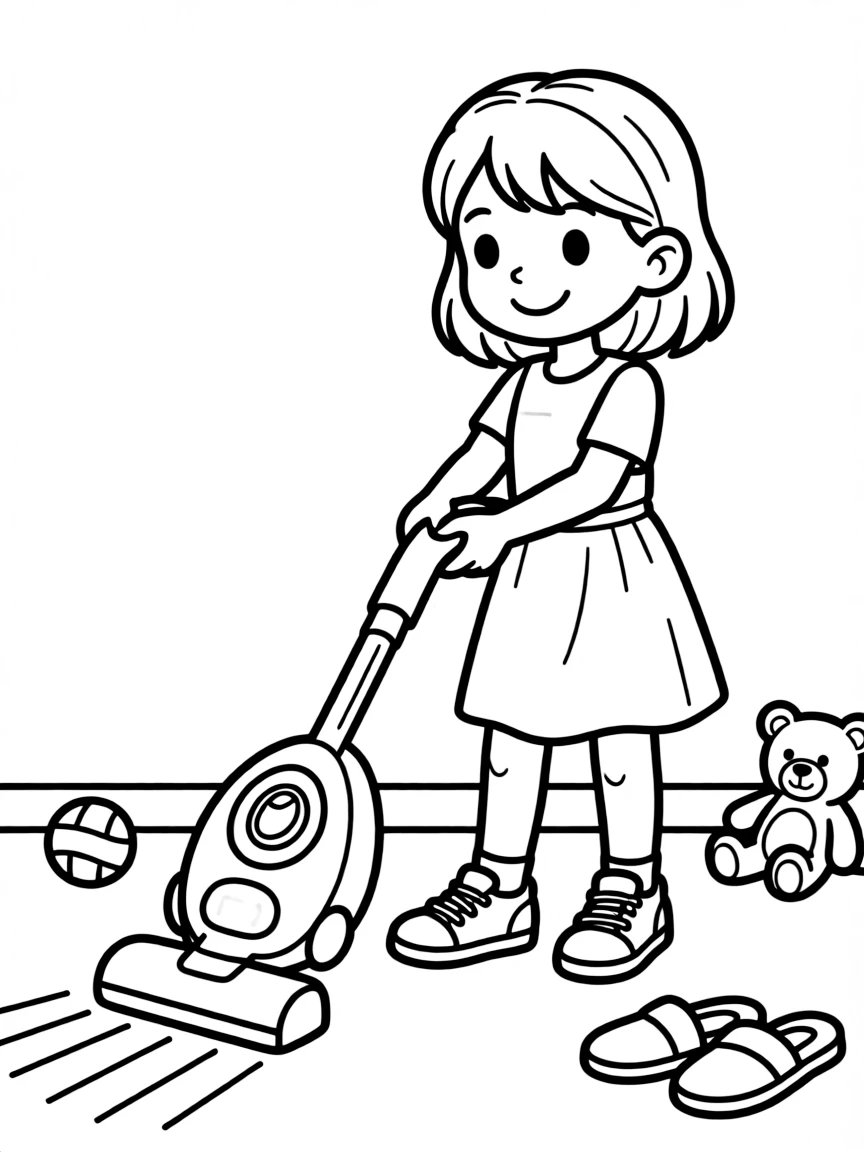 A girl playing with a toy vacuum cleaner, pretending to clean.