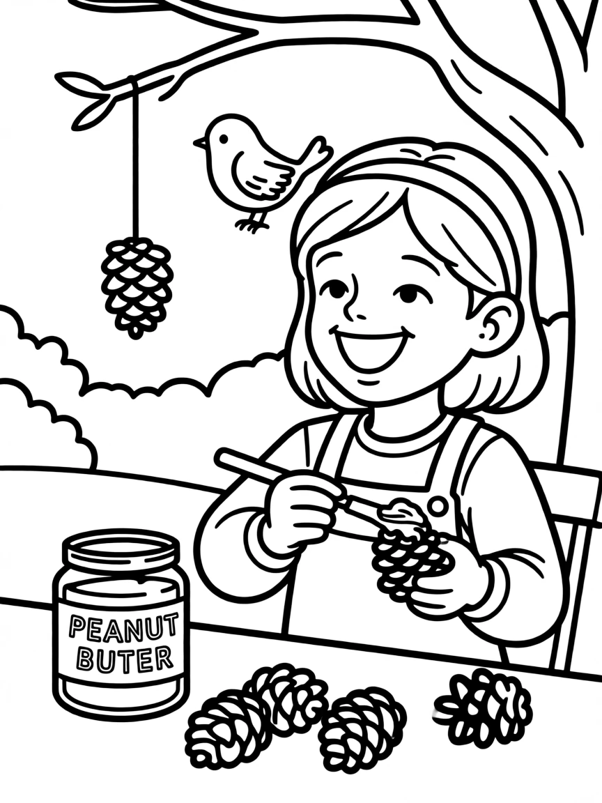 A girl making a bird feeder with pinecones and peanut butter.