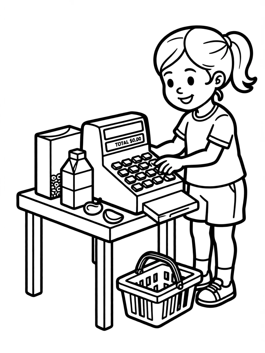 A girl playing with a toy cash register, ringing up items.