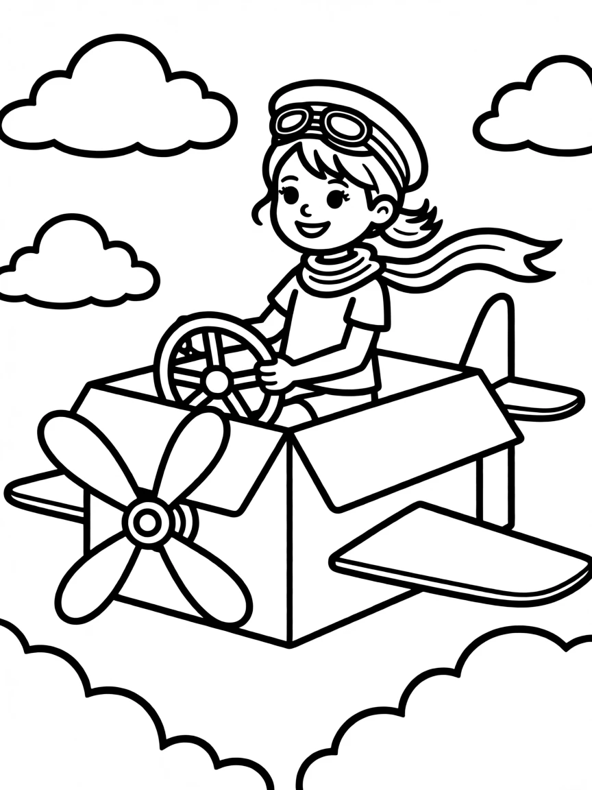 A girl pretending to be a pilot, sitting in a cardboard box airplane.