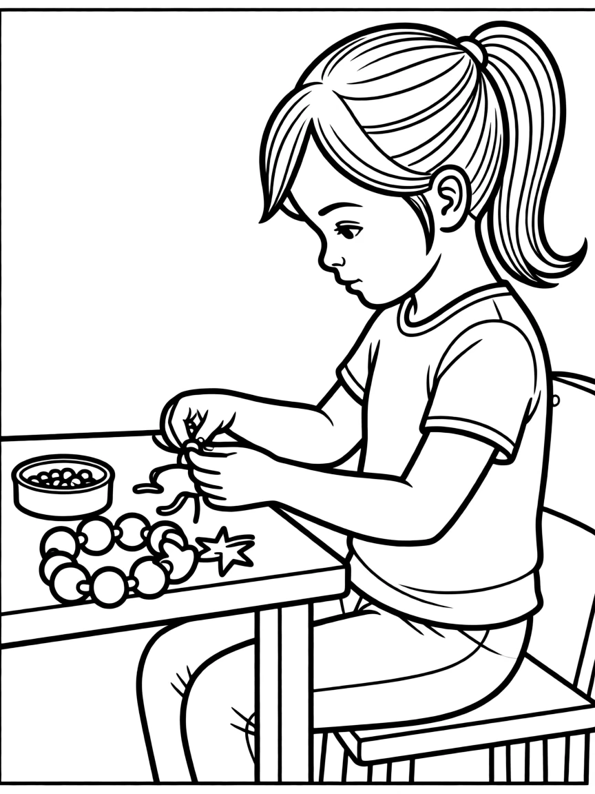 A girl making a friendship bracelet with colorful beads.
