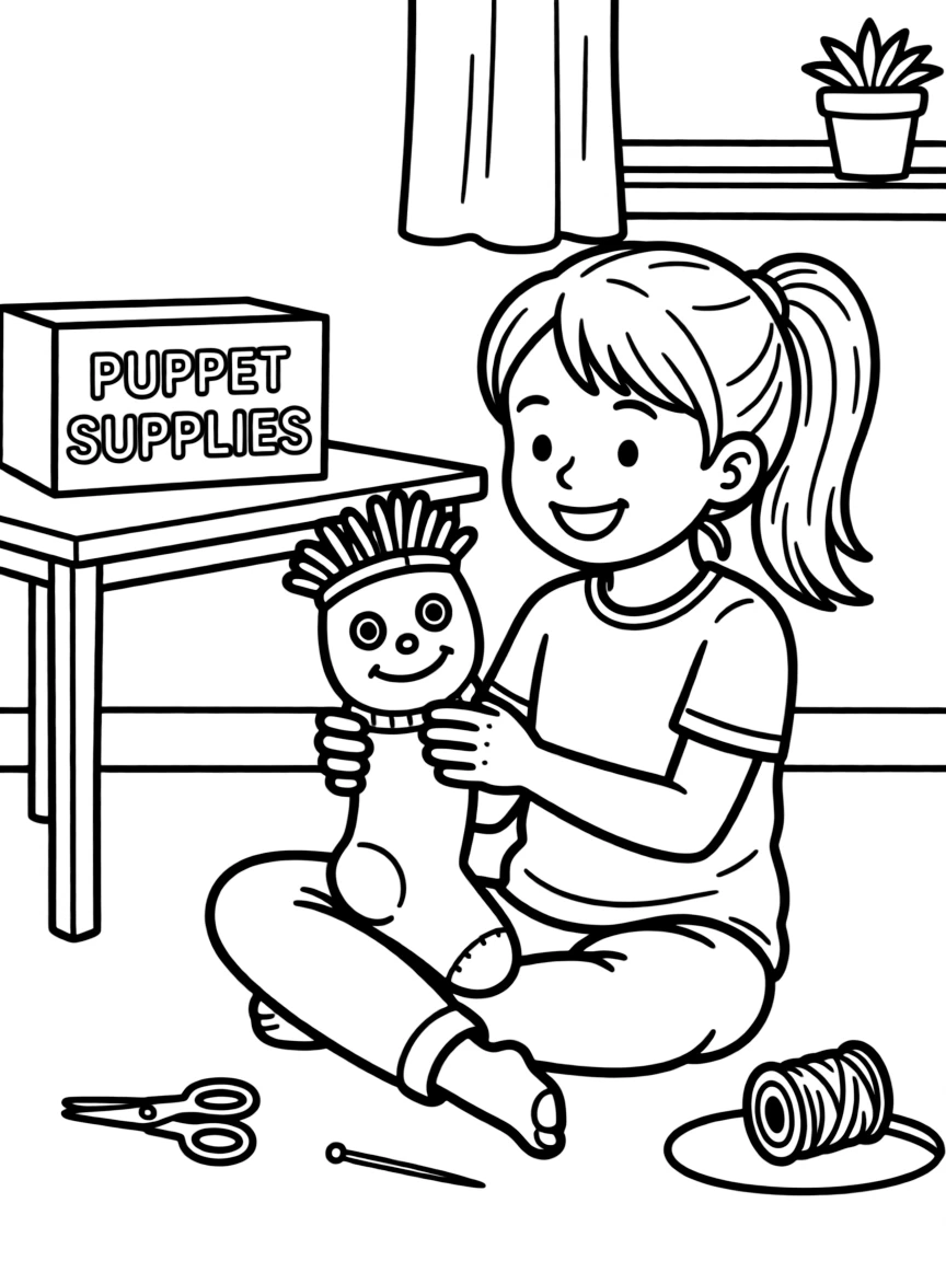 A girl making a puppet out of a sock.