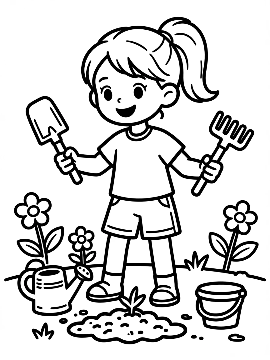 A girl playing with a toy gardening set, pretending to dig.