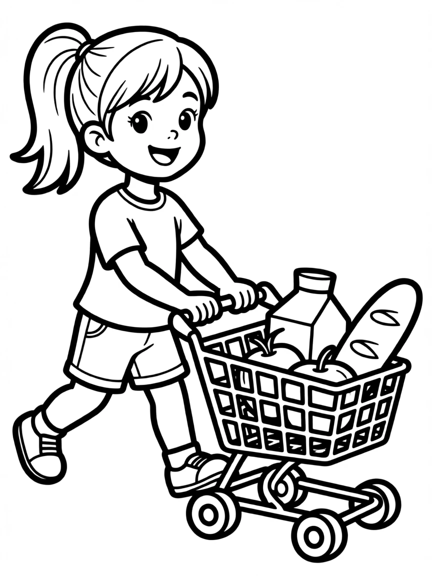 A girl playing with a toy grocery cart, pushing it around.