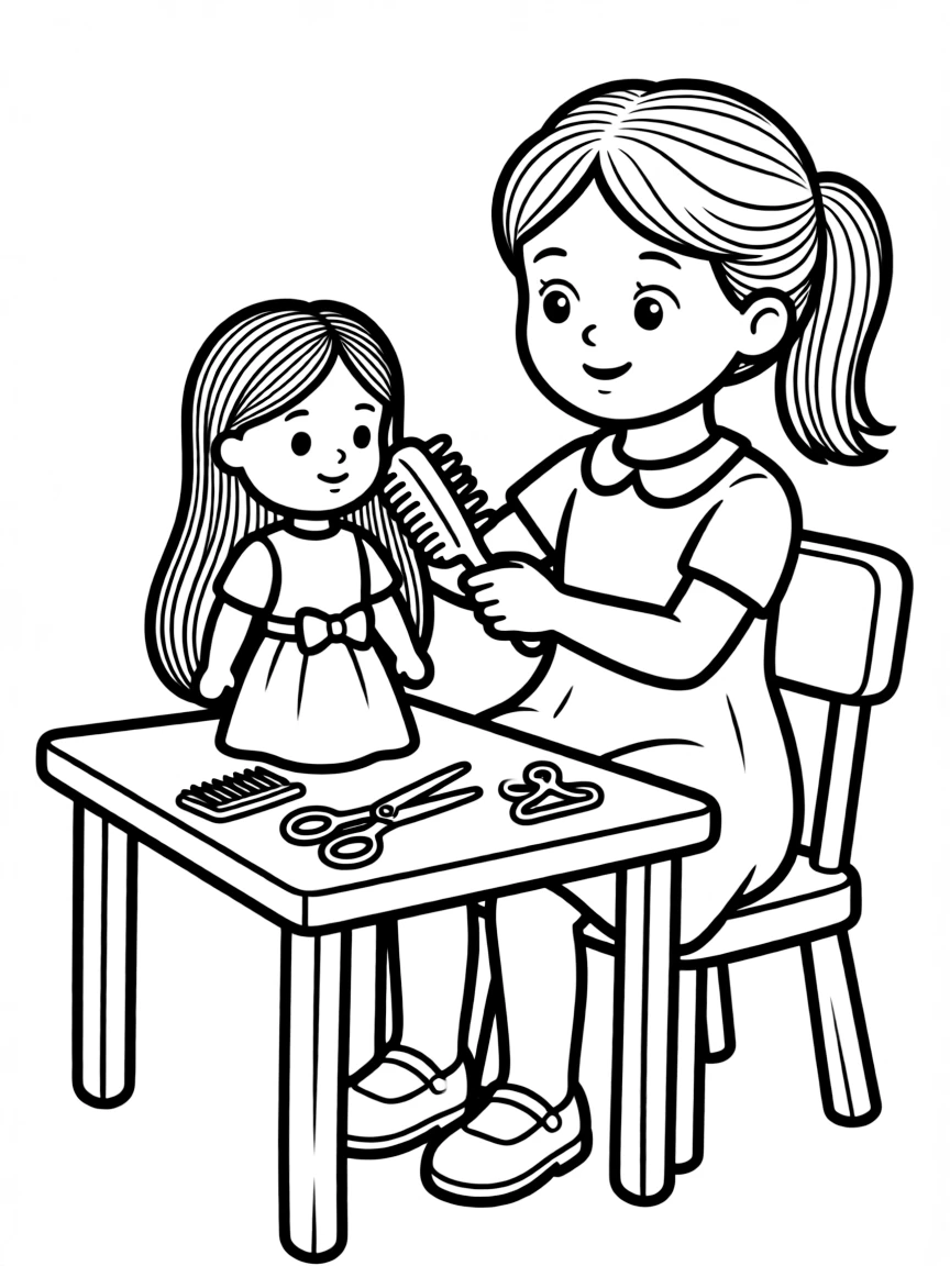 A girl pretending to be a hairstylist, brushing her doll's hair.