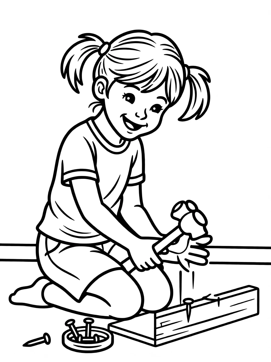 A girl playing with a toy hammer and nails, building something.