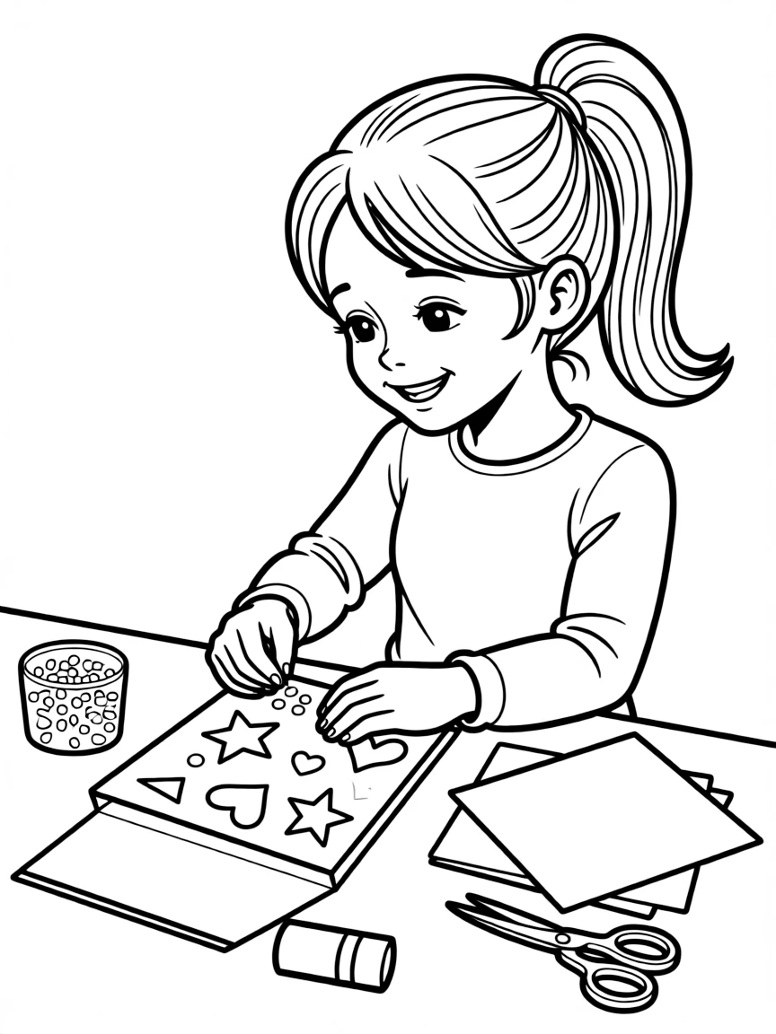 A girl making a greeting card with glitter and stickers.