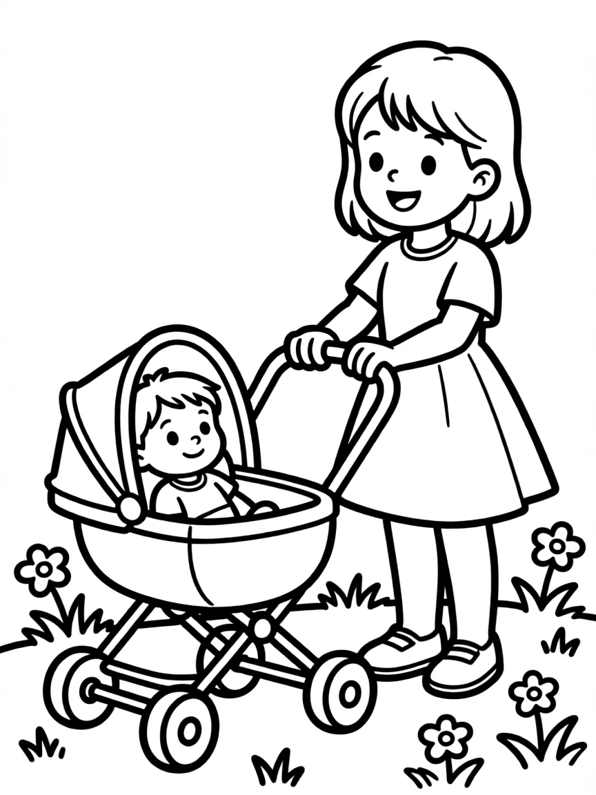 A girl playing with a toy stroller, pushing her baby doll.