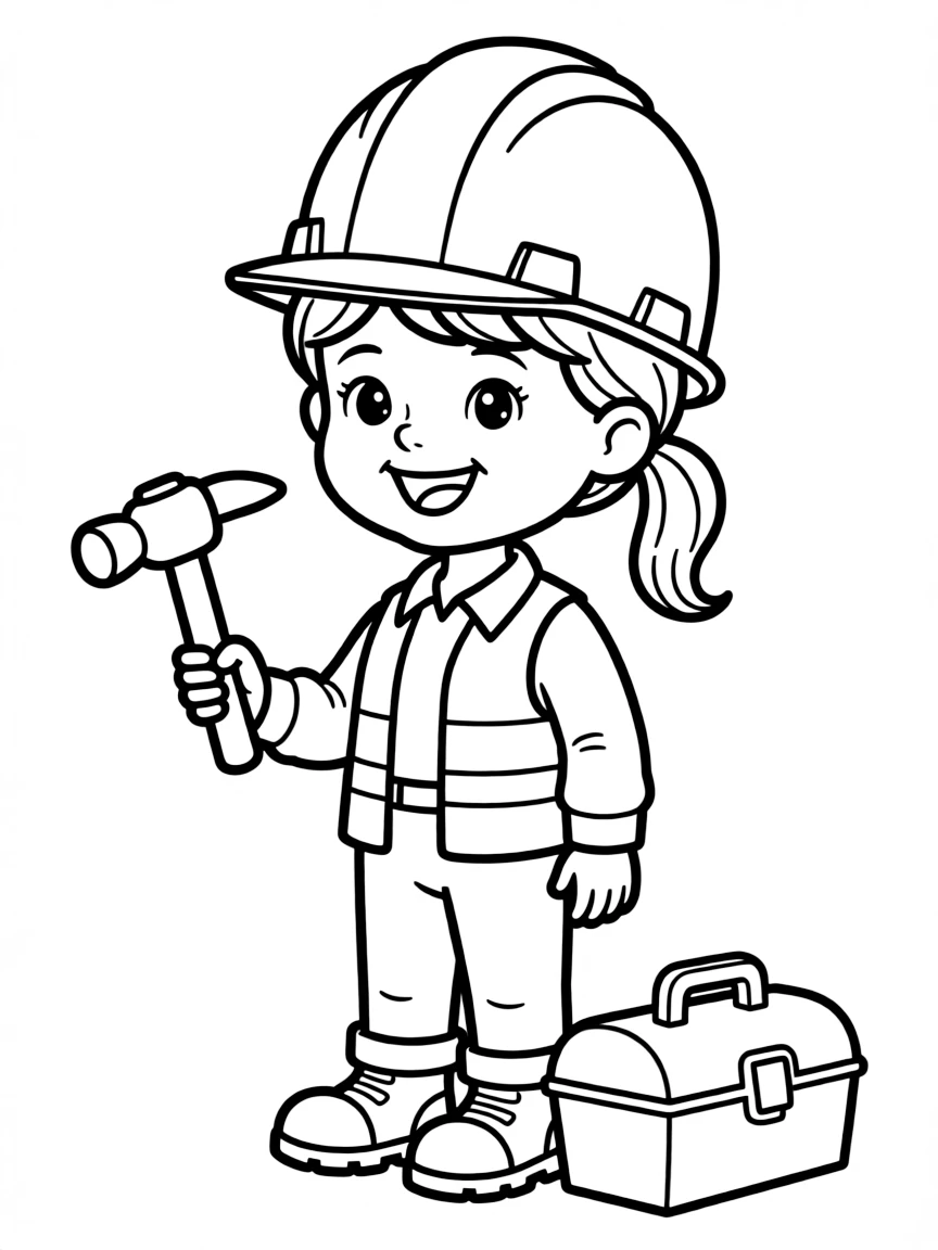 A girl pretending to be a construction worker, wearing a toy hard hat.