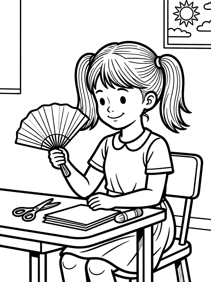 A girl making a paper fan.