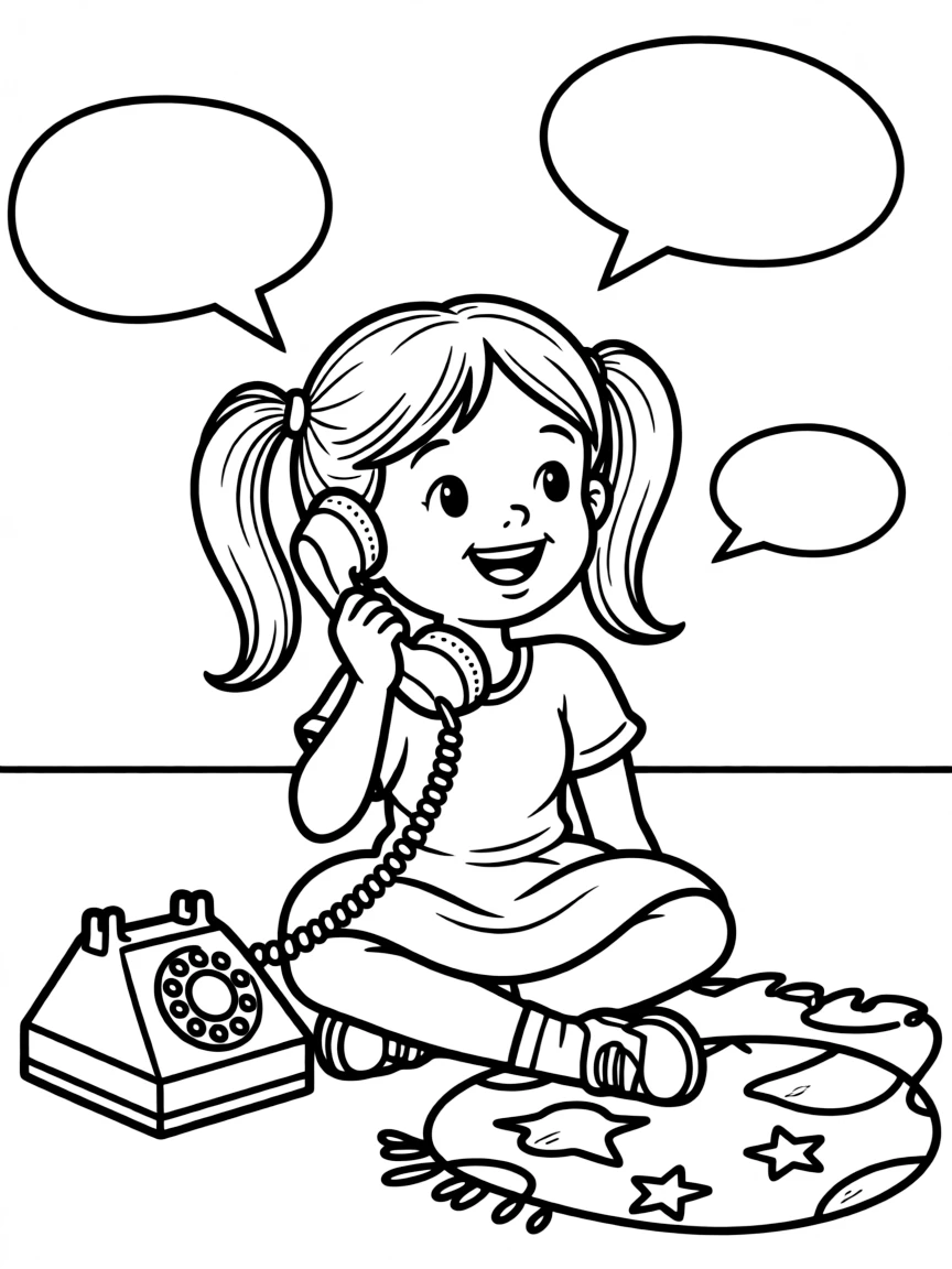 A girl playing with a toy telephone, having an imaginary conversation.
