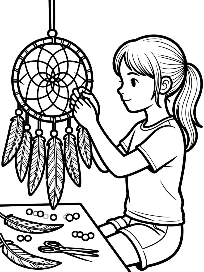 A girl making a dream catcher with feathers and beads.