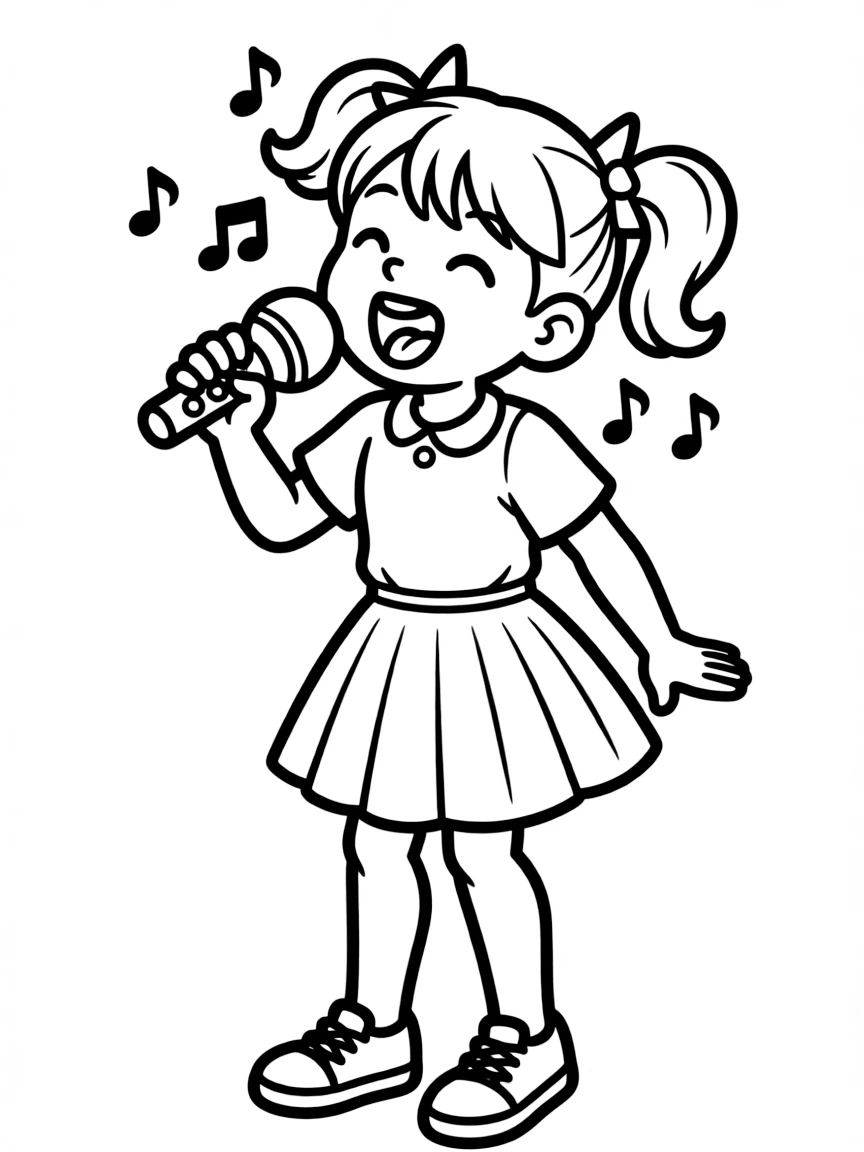 A girl playing with a toy microphone, singing loudly.