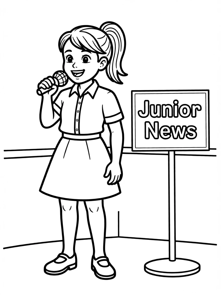 A girl pretending to be a news reporter, holding a toy microphone.