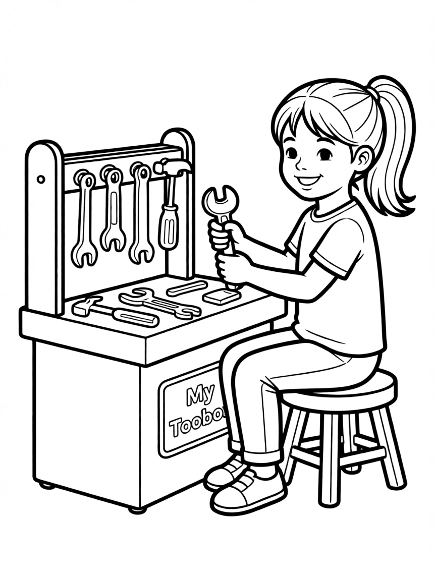 A girl playing with a toy tool bench, using toy wrenches.