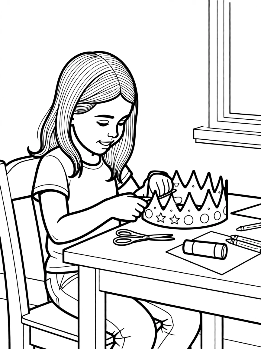 A girl making a paper crown.