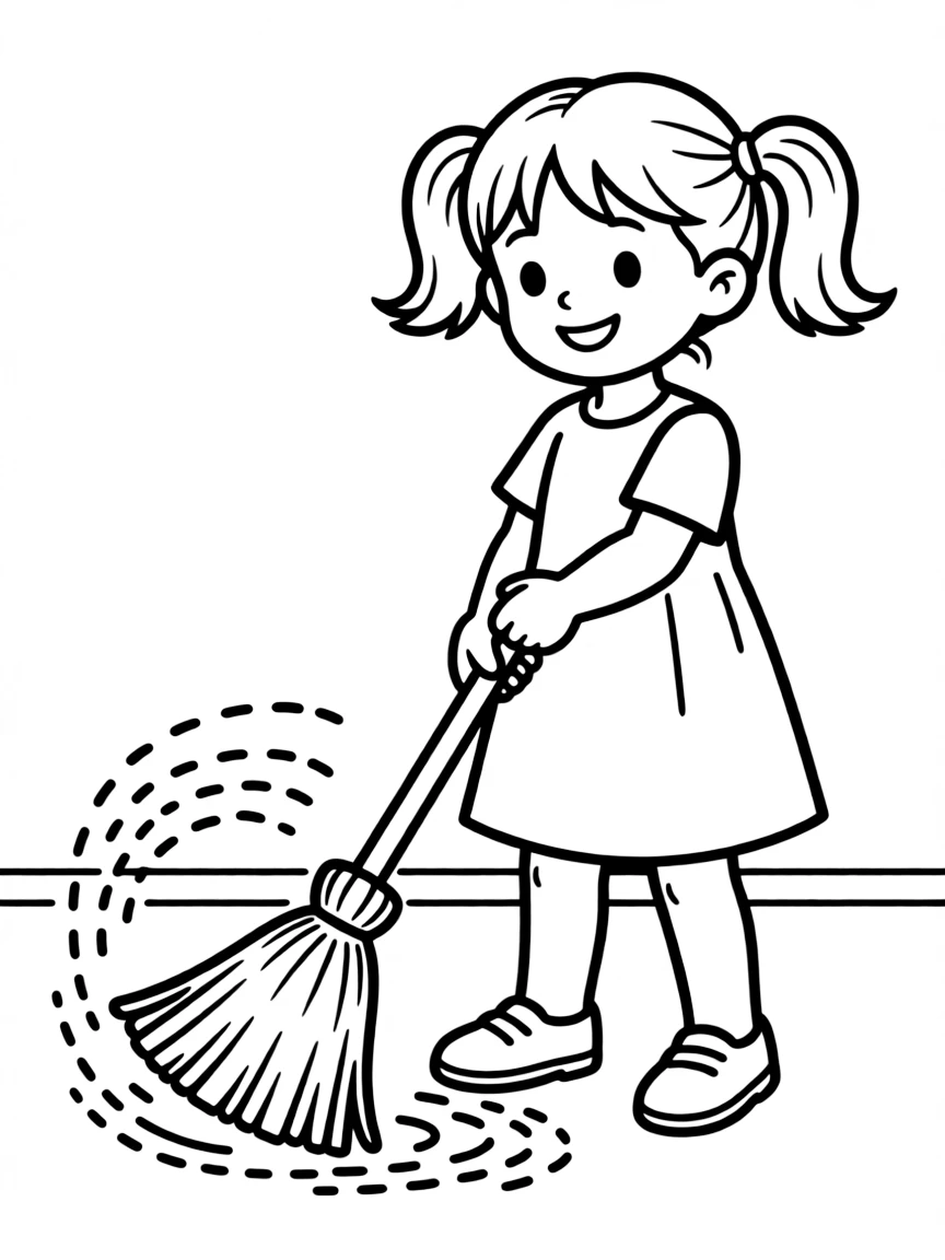 A girl playing with a toy broom, sweeping up imaginary dust.