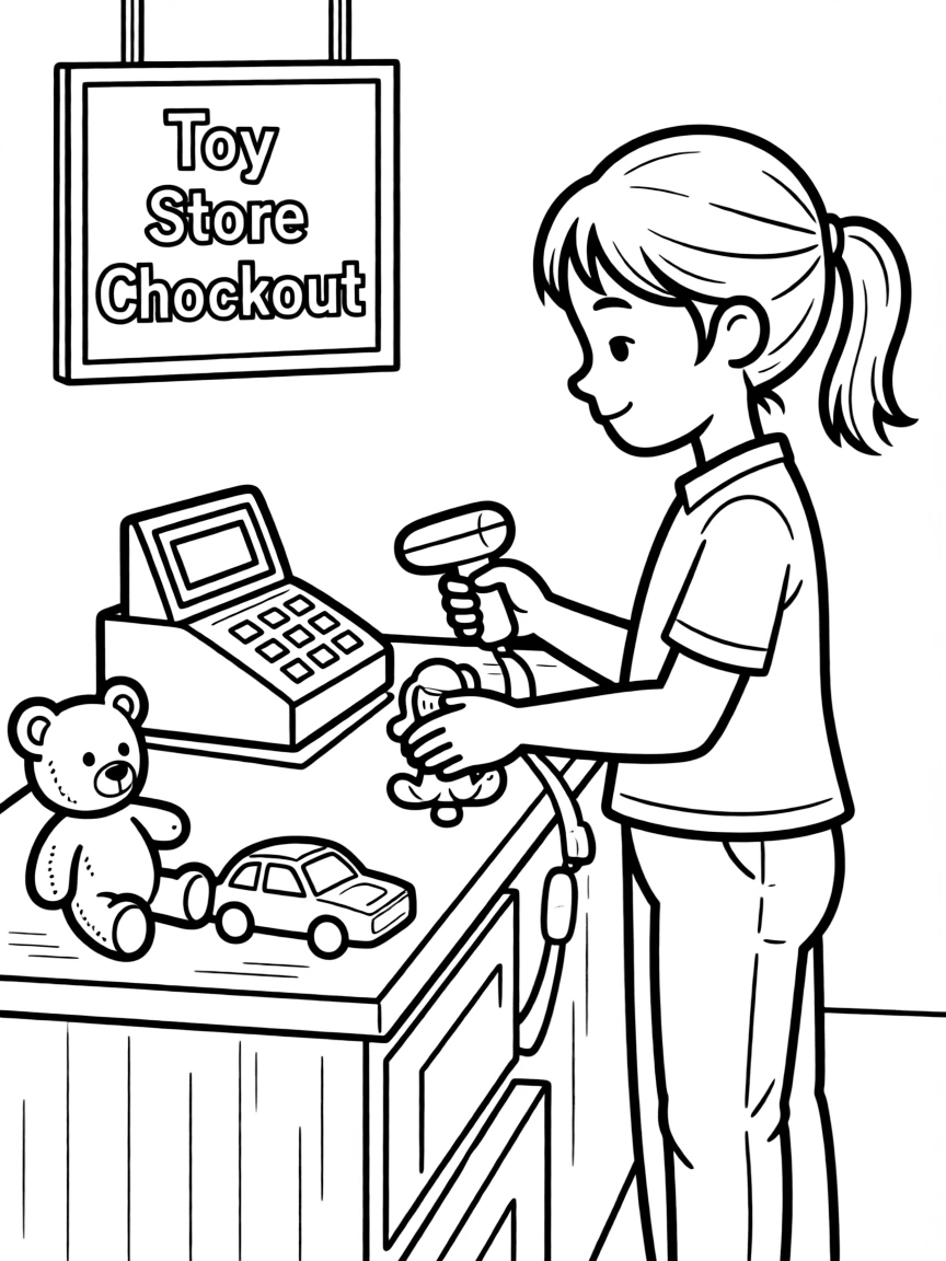 A girl pretending to be a cashier, scanning toy items.