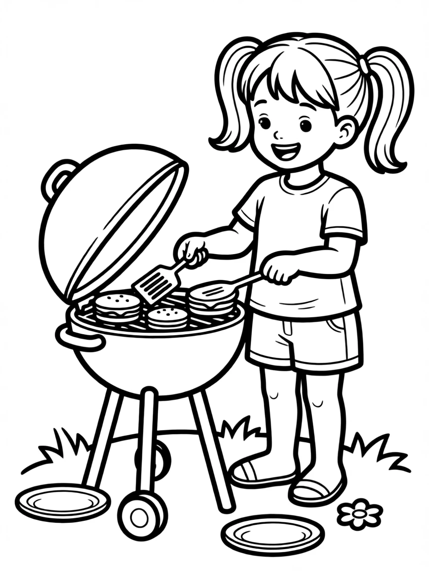 A girl playing with a toy barbecue grill, flipping pretend burgers.