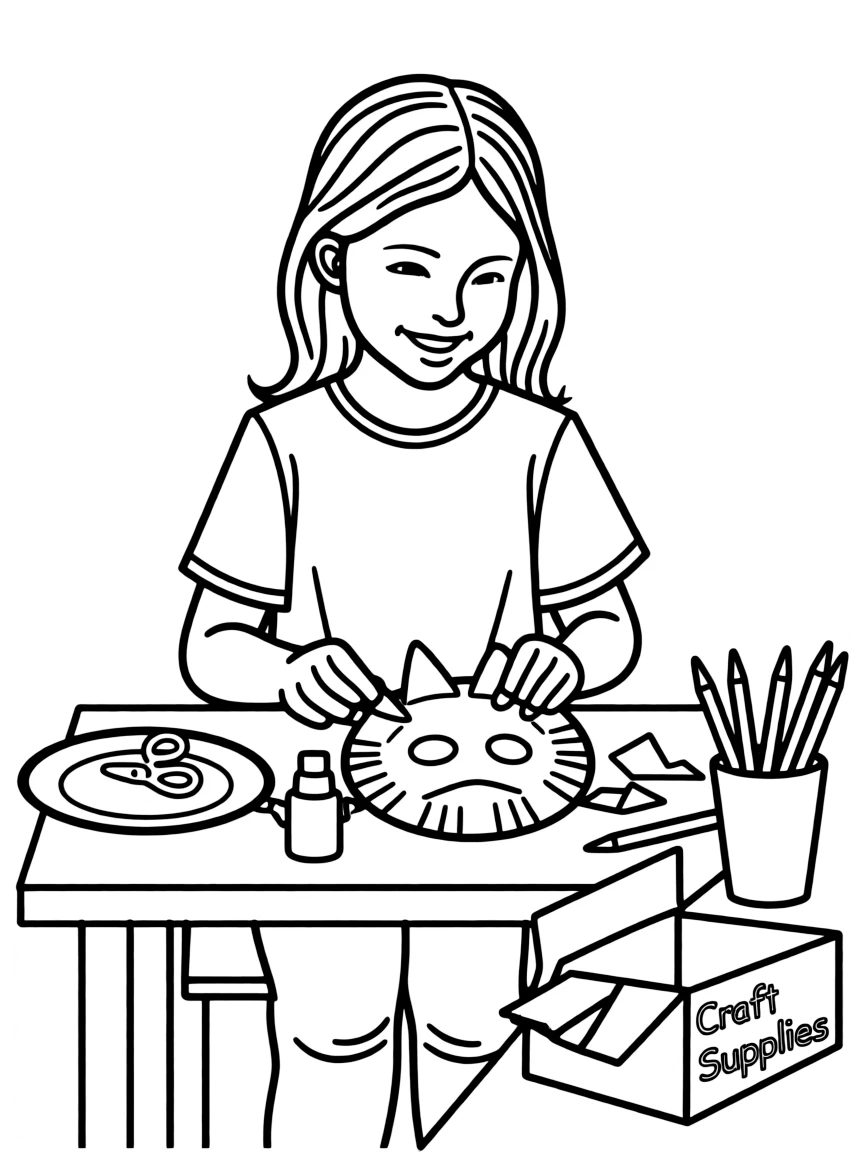 A girl making a paper plate mask.