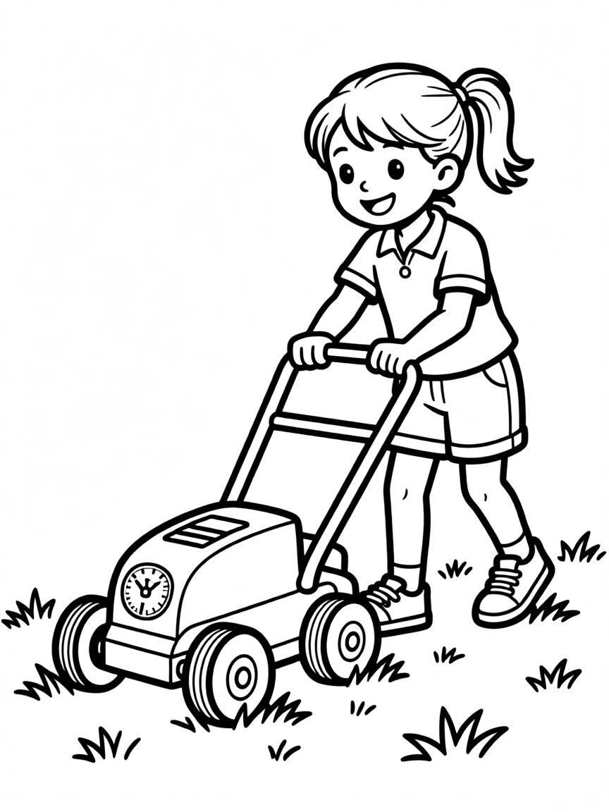 A girl playing with a toy lawnmower, pushing it across the grass.