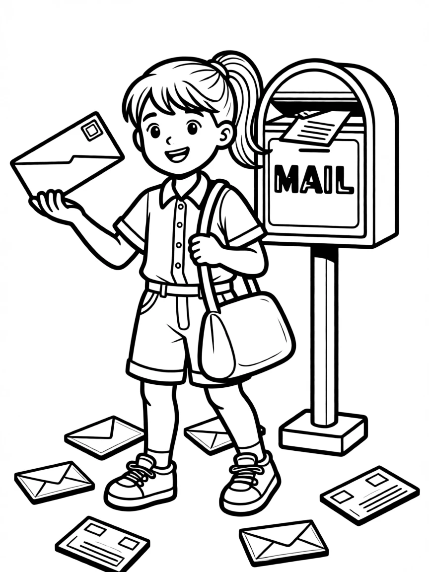 A girl pretending to be a mail carrier, delivering toy letters.