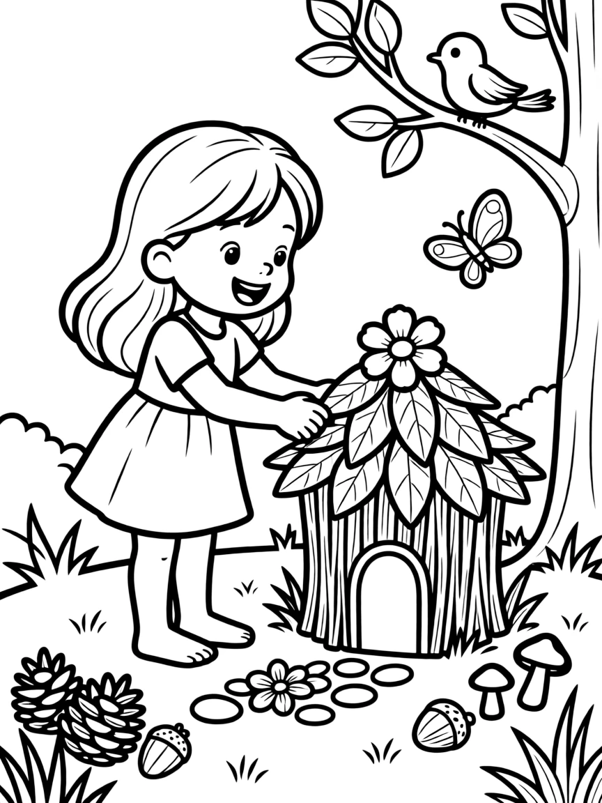 A girl making a "fairy house" out of natural materials.