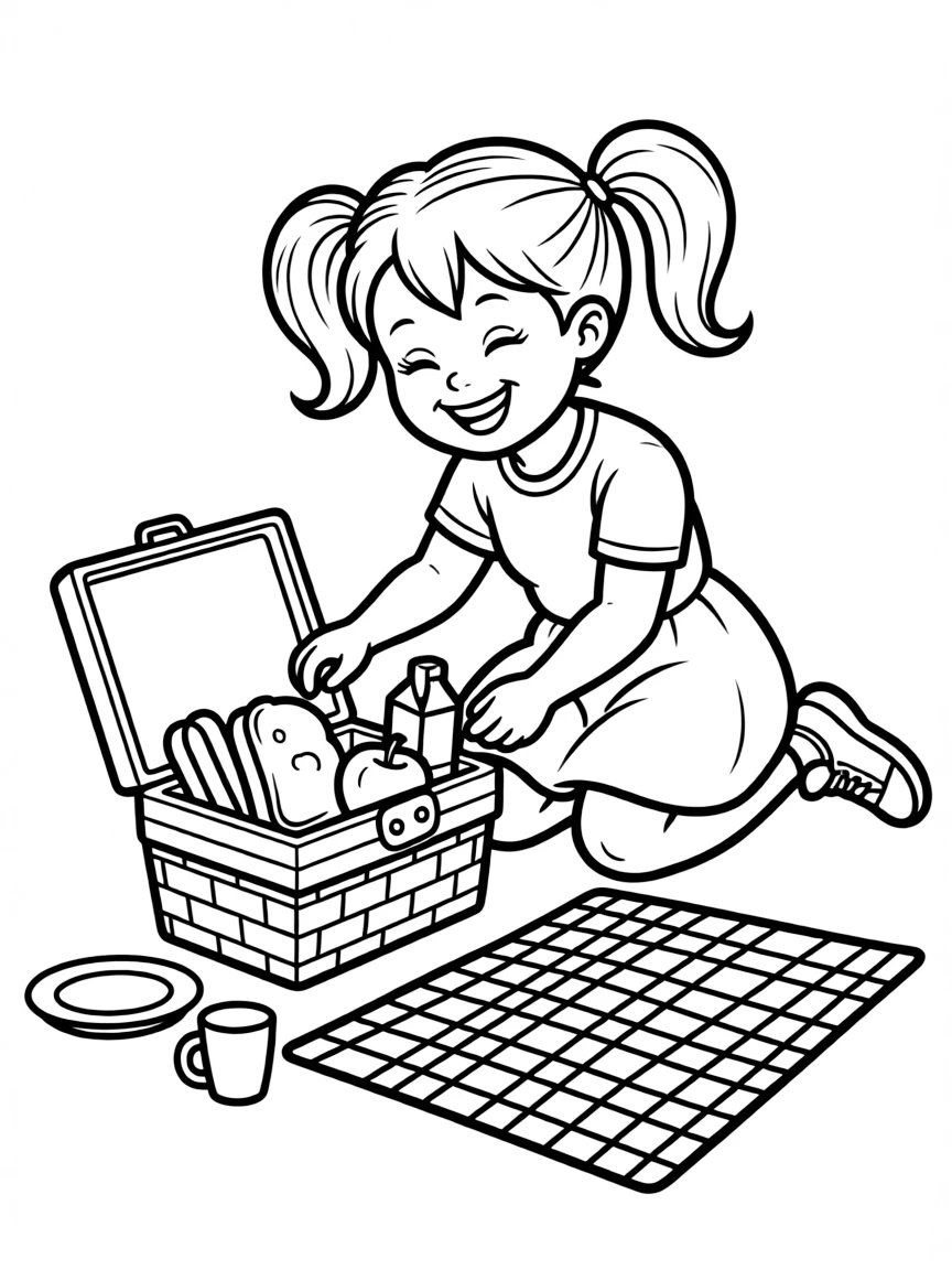 A girl playing with a toy picnic basket, setting up a pretend picnic.