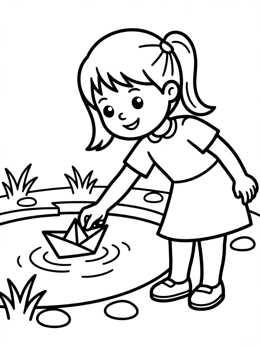 A girl making a paper boat race in a shallow pool.