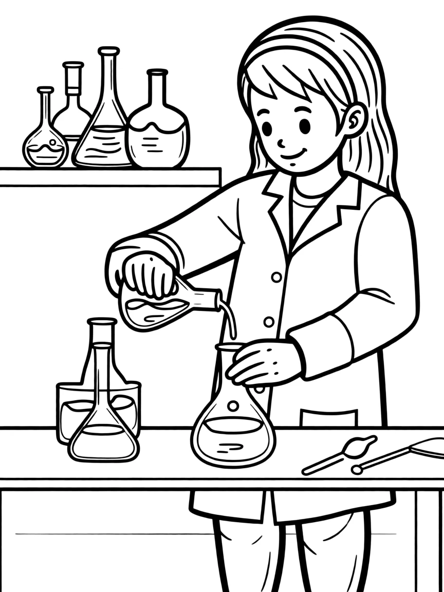A girl pretending to be a scientist, mixing colorful liquids in beakers.