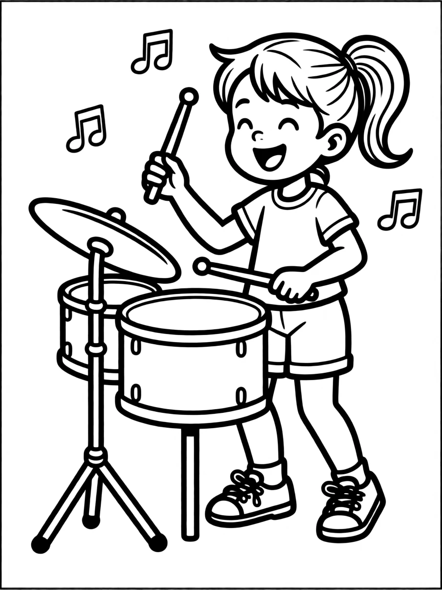 A girl playing with a toy drum set, banging on the drums.