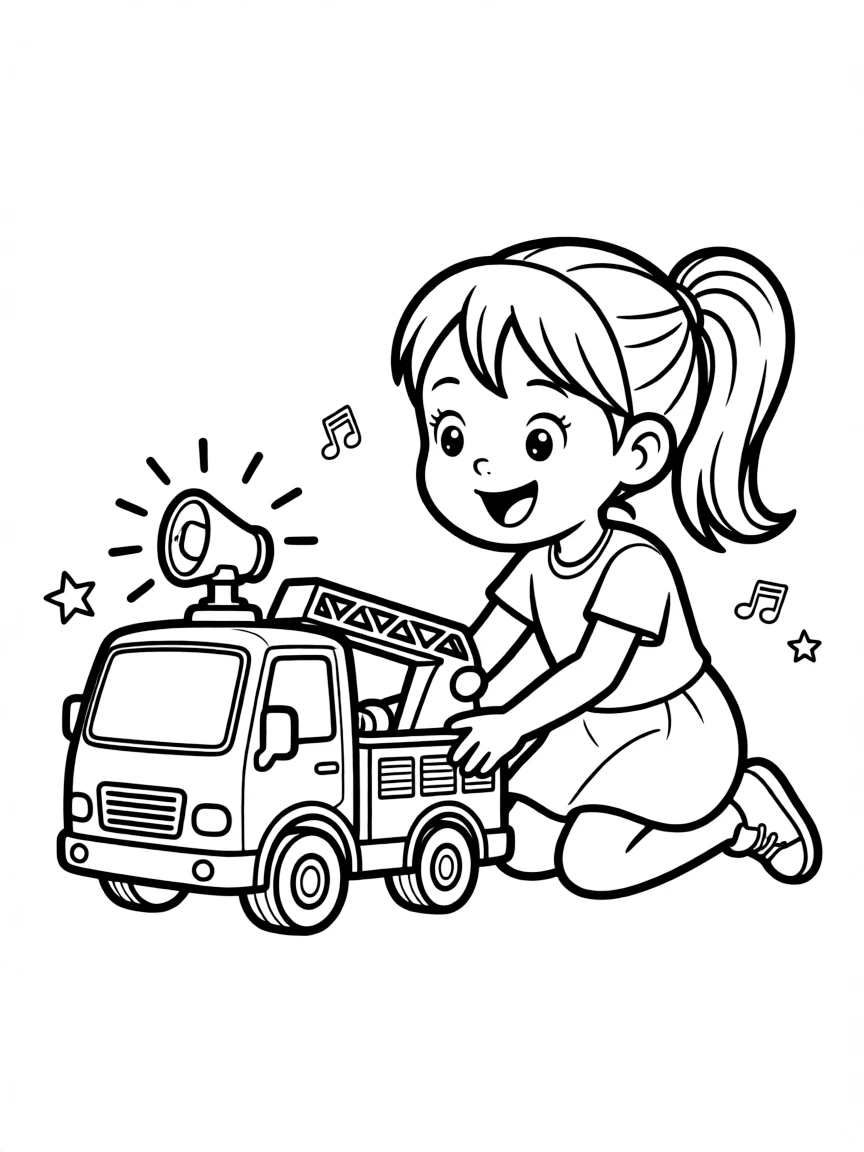A girl playing with a toy fire truck, making siren sounds.
