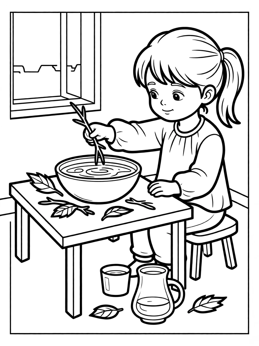 A girl making a "potion" with leaves, twigs, and water.