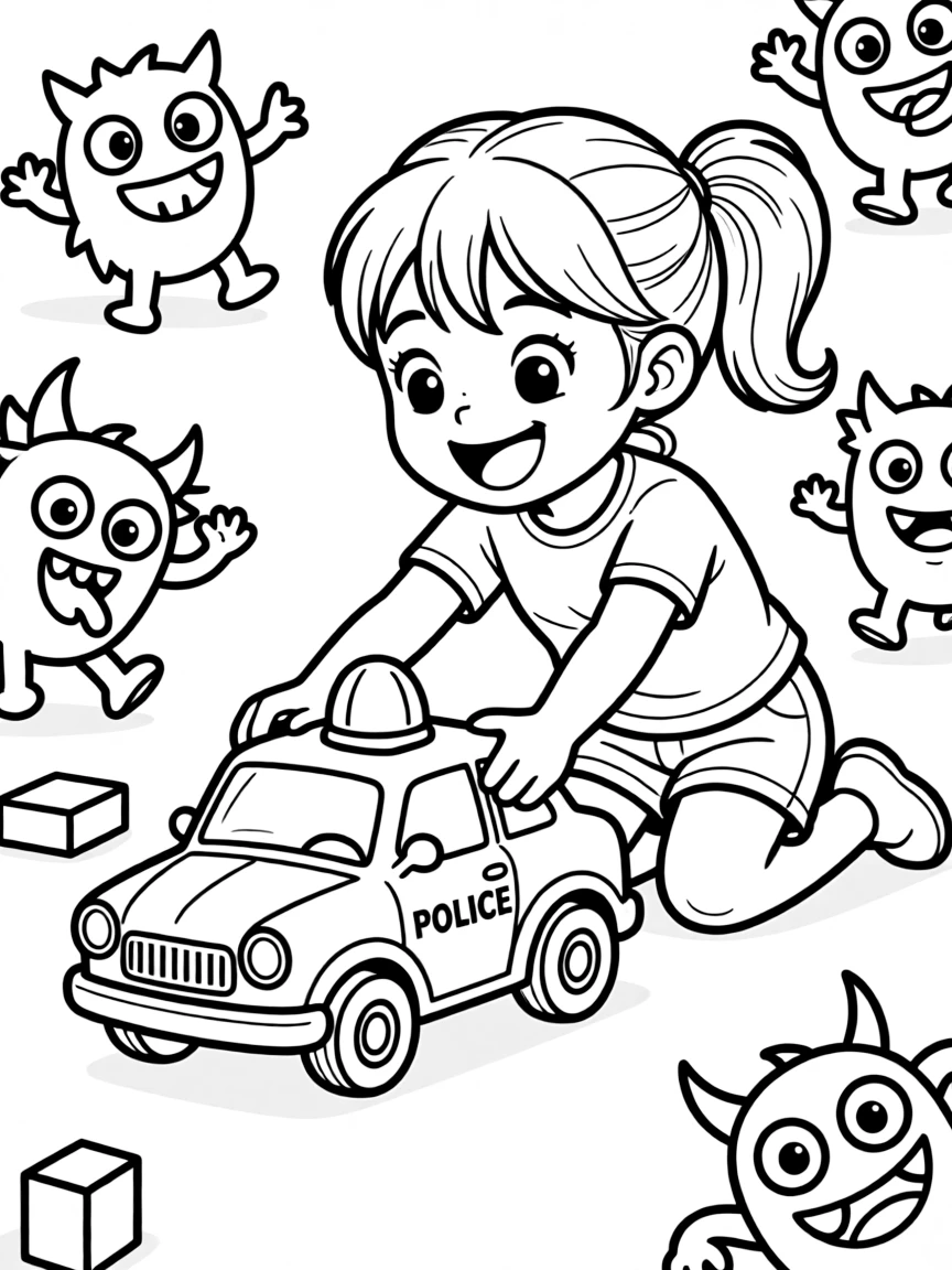 A girl playing with a toy police car, chasing imaginary bad guys.