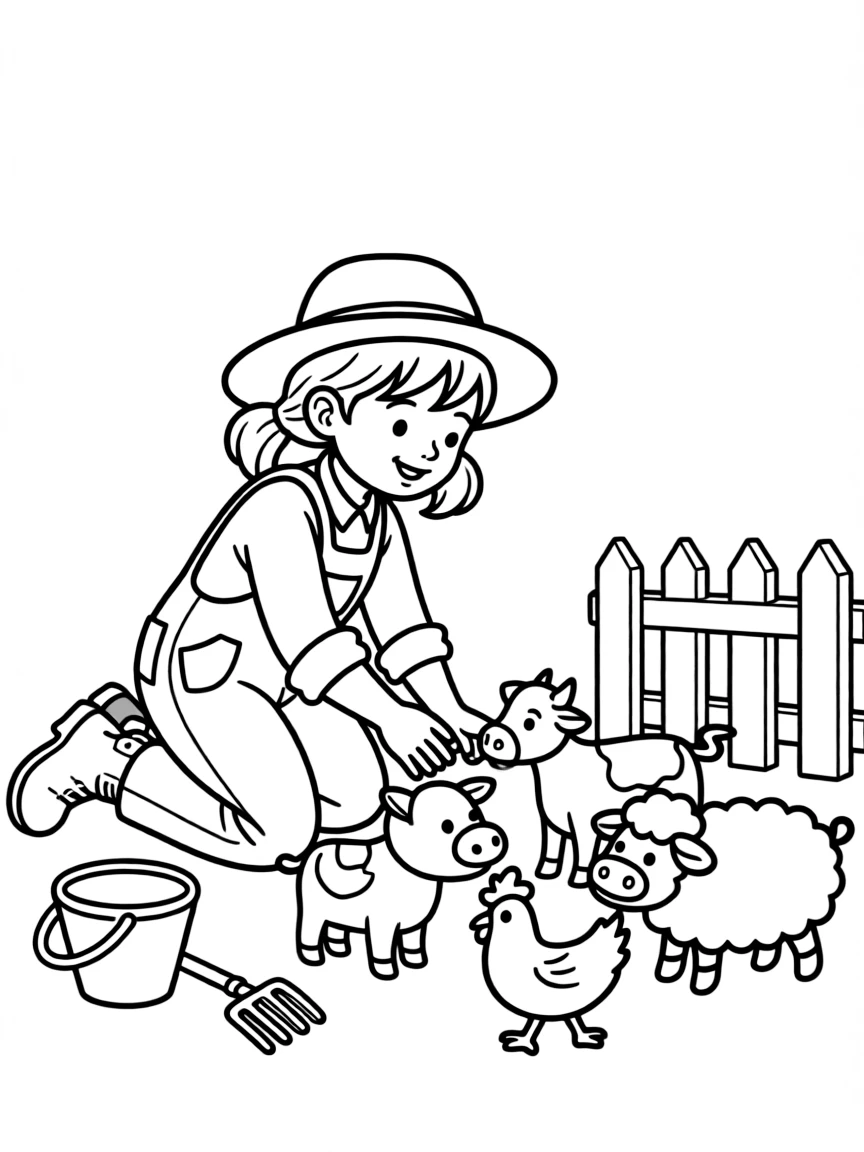 A girl pretending to be a farmer, tending to toy animals.