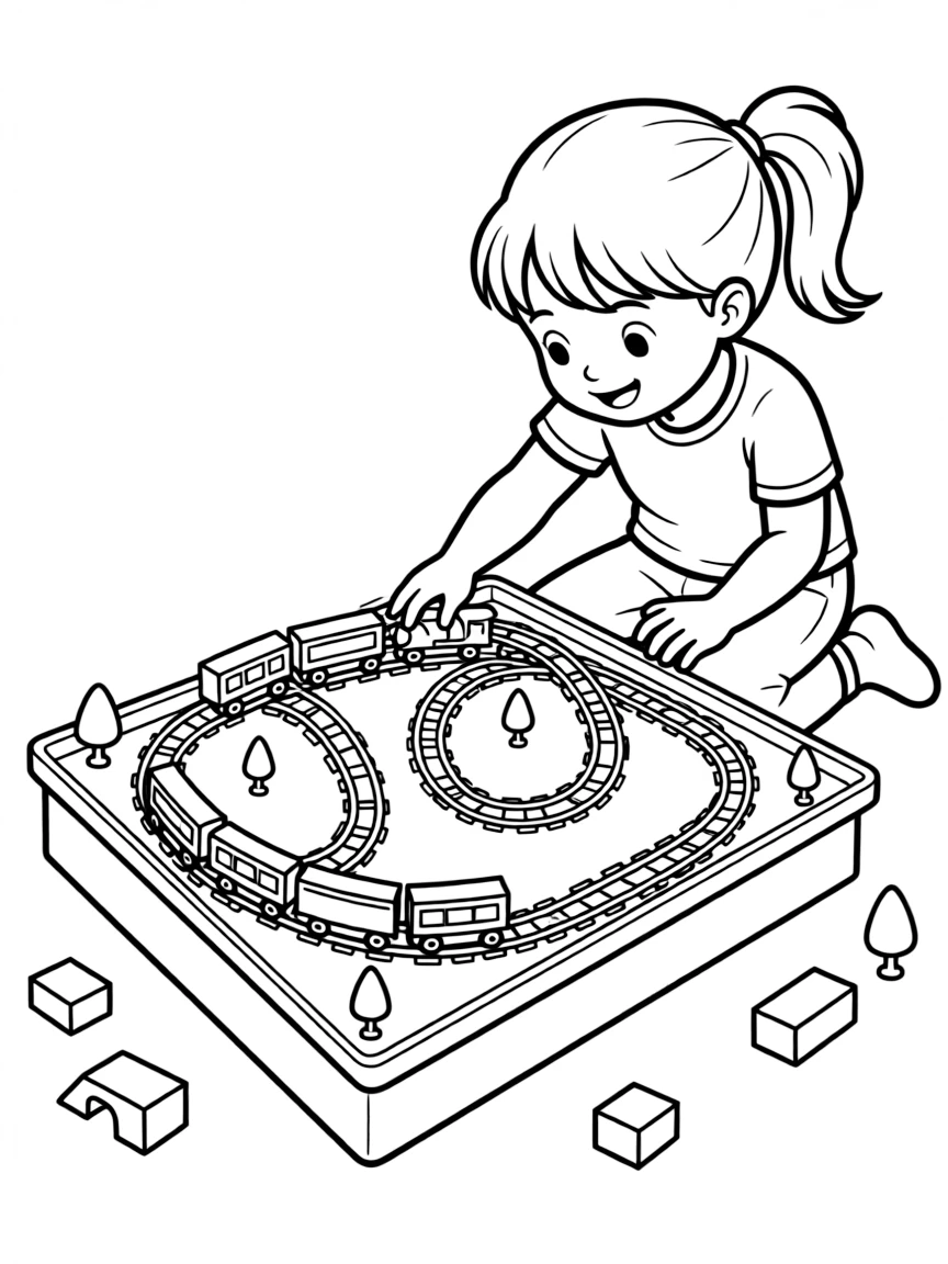 A girl playing with a toy train table, moving trains around tracks.