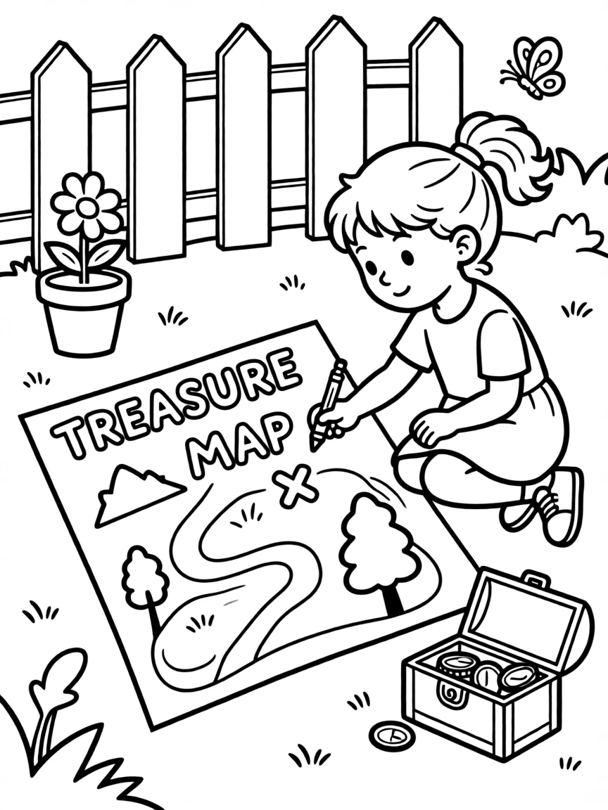 A girl making a "treasure map" and hiding a toy treasure.