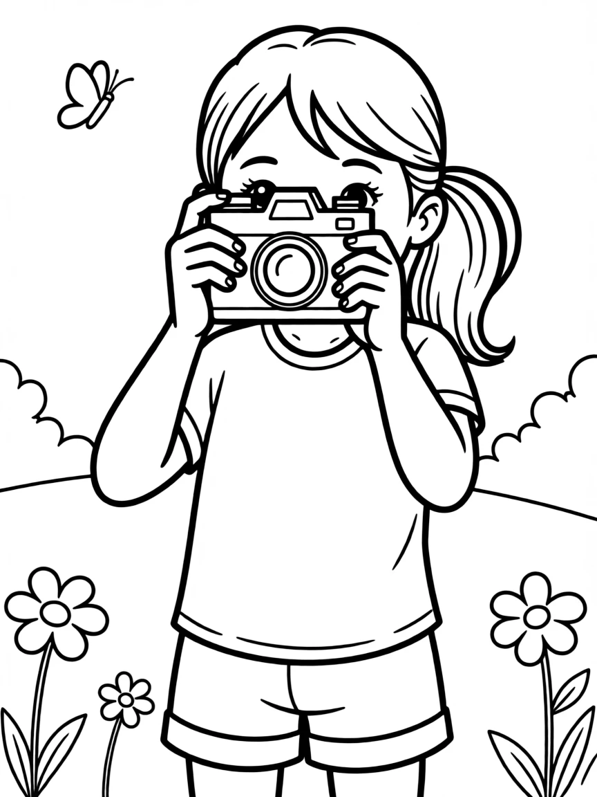 A girl pretending to be a photographer, taking pictures with a toy camera.