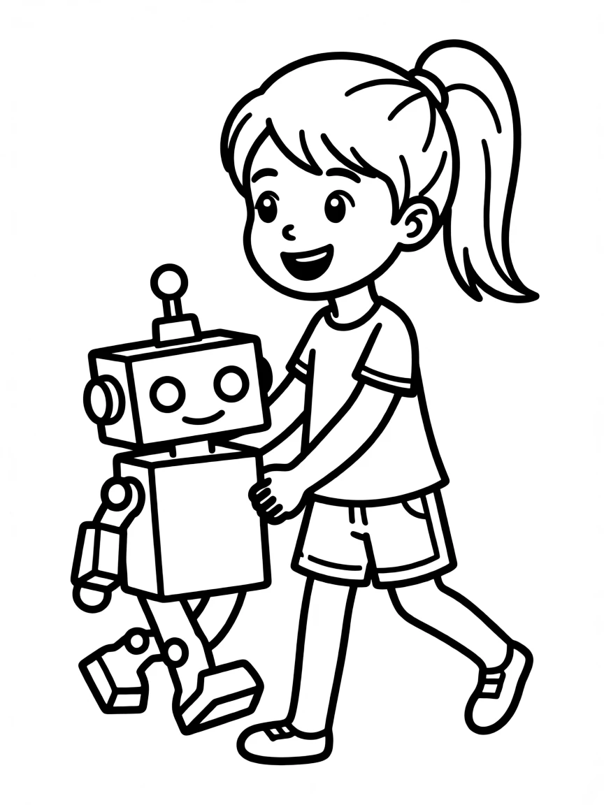 A girl playing with a toy robot, making it walk.