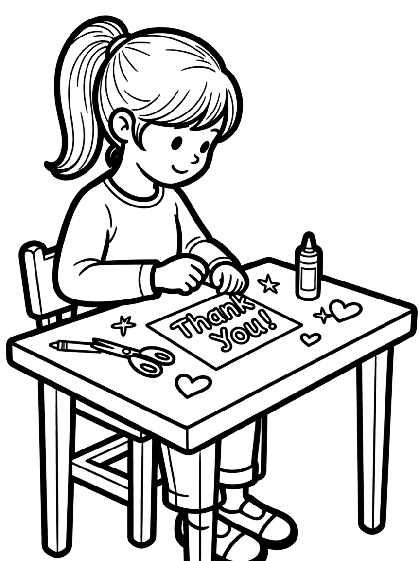 A girl making a "thank you" card for someone.