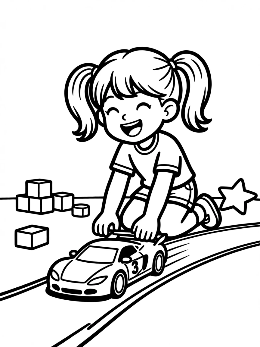 A girl playing with a toy race car, zooming it around.