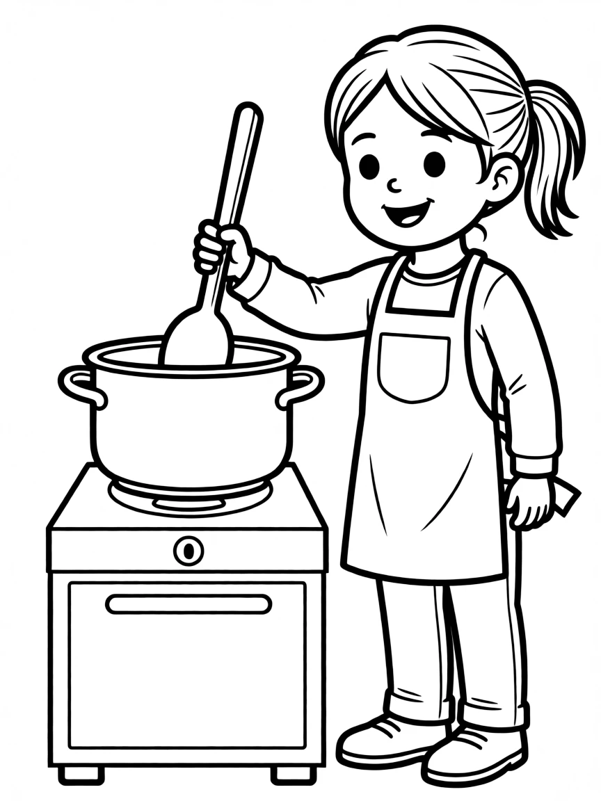 A girl pretending to be a chef, wearing an apron and stirring a pot.