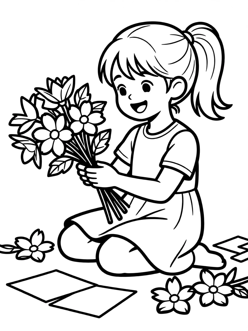 A girl making a paper flower bouquet.