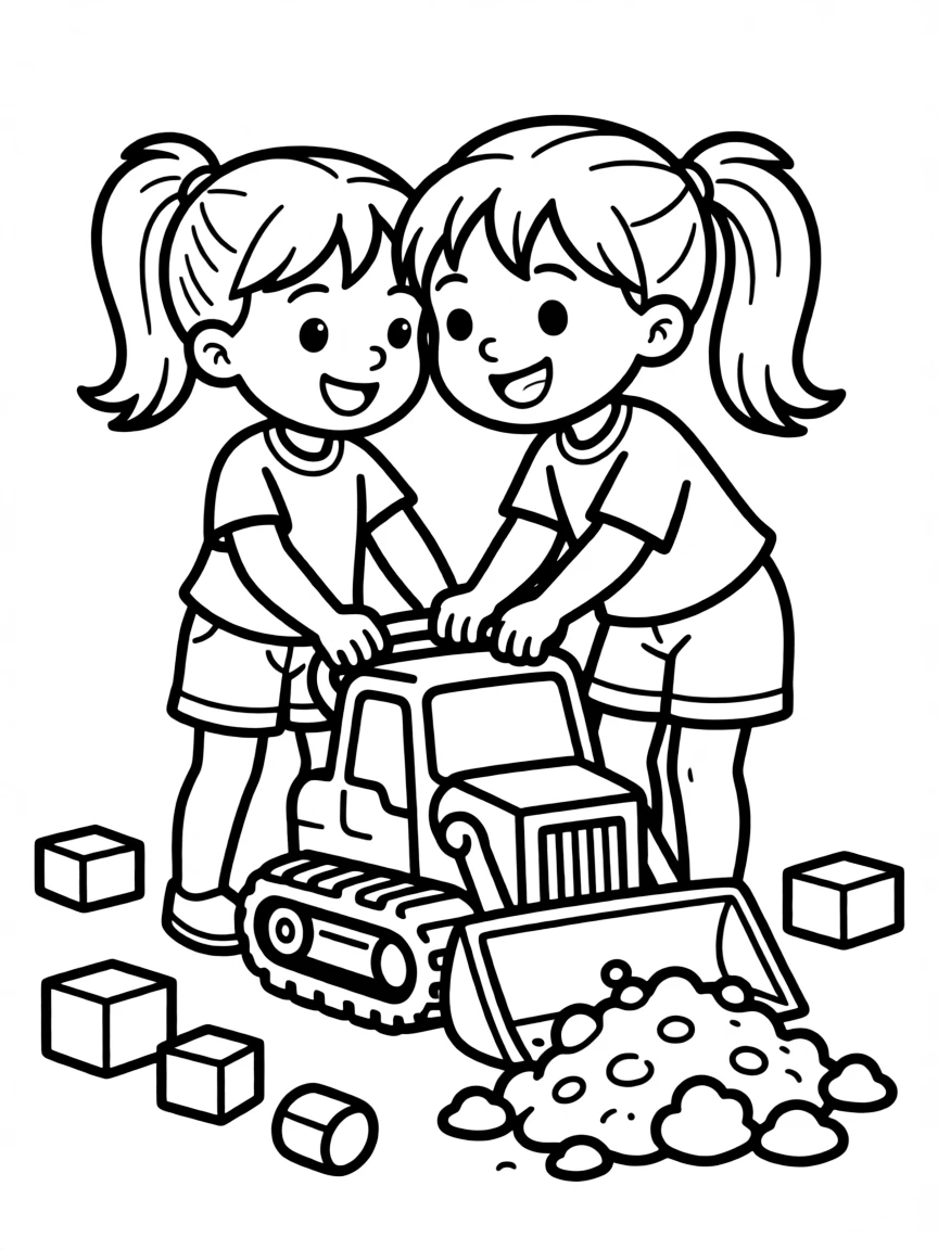 A girl playing with a toy bulldozer, pushing dirt.