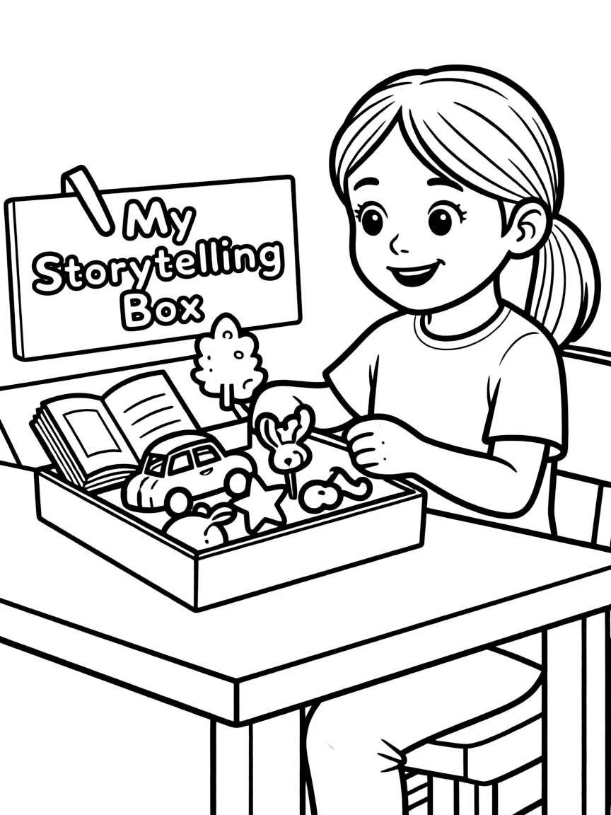 A girl making a "storytelling" box with various small objects.