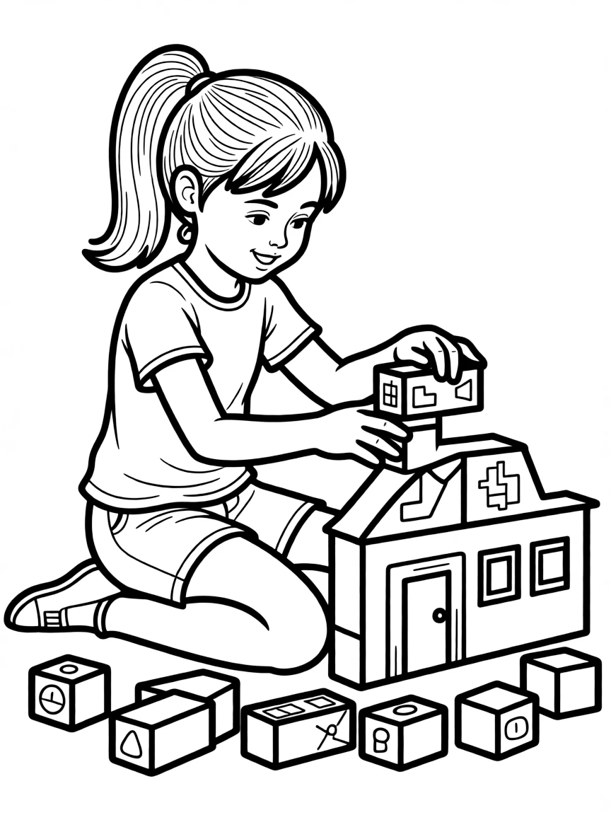 A girl pretending to be an architect, designing a building with blocks.